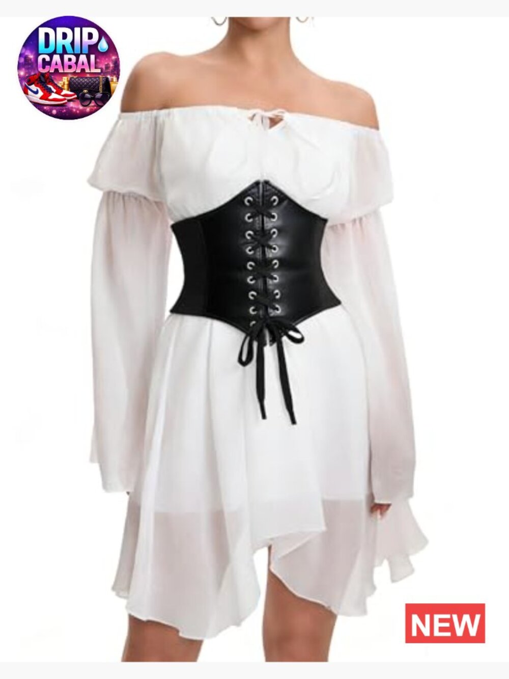 Off Shoulder Bell Sleeve Lace Up Corset Mini Dress Flowy Fairy - Picture 3 of 6